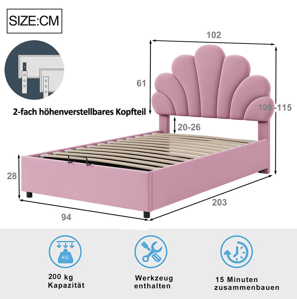 POLSTERBETT mit Stauraum 90x200 cm Samt Rosa - Pink, Metall (90/200cm) - Beauniv