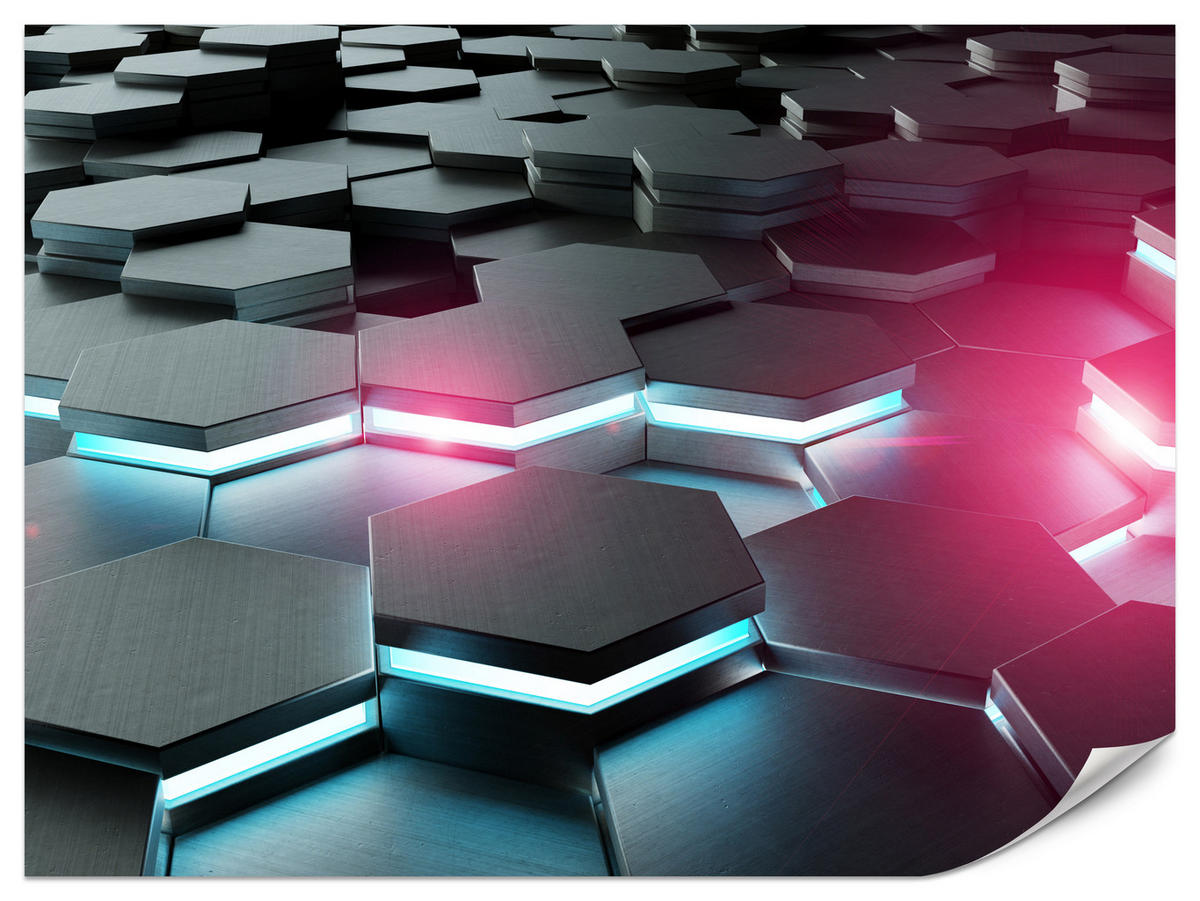 FOTOTAPETE für Büro Schwarz Hexagone Neon Rosa Blau Formen Geometrie 150x105 - Blau/Schwarz, Papier (150/105cm) - Muralo