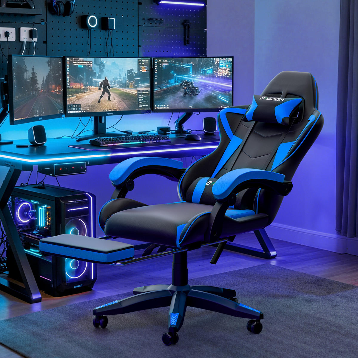 GAMINGSTUHL Schwarz-Blau Racing ergonomisch mit Fußstütze,Leder - Blau, Metall (29/59/79cm) - Rattrix