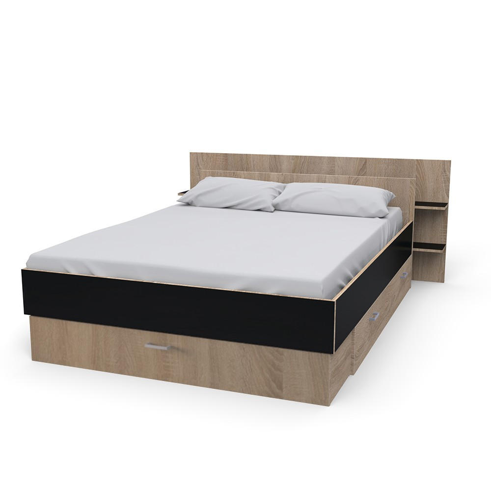 BETT SAMBA mit Schubladen / Bett 140x190 - Schwarz & gebleichte Eiche Dekor - Schwarz, Holzwerkstoff (140/190cm) - Weber Industries