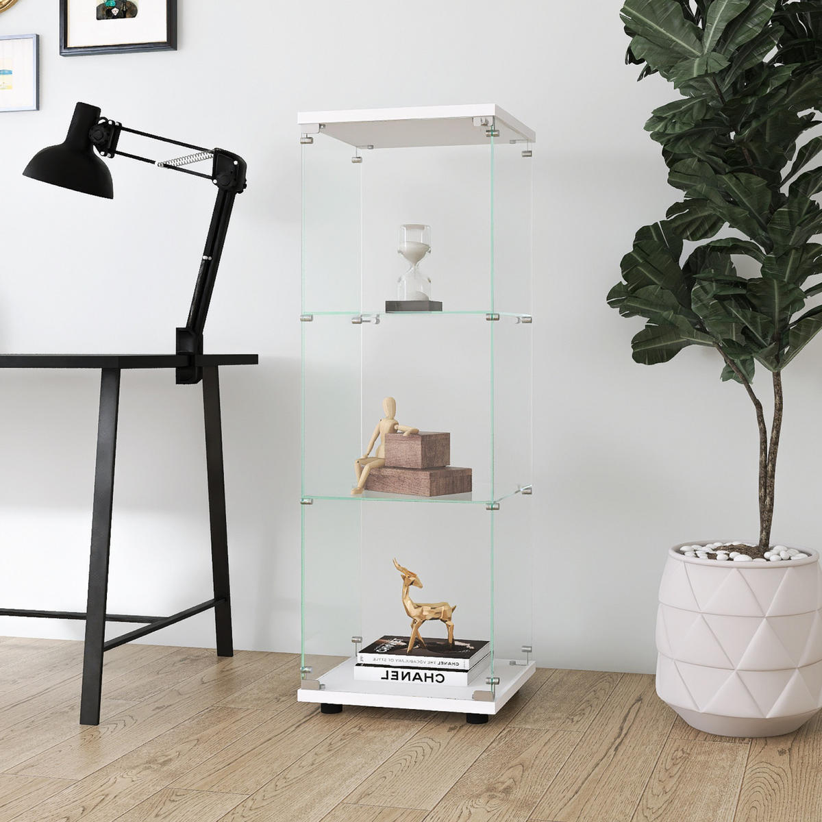 VITRINE mit Glasfront, abschließbar & 3 Ebenen - Weiß, Glas (42.4/125.2/36.3cm) - SHOPENTRA