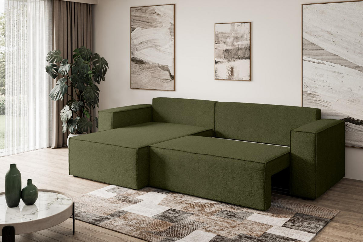 ECKSOFA mit Schlaffunktion und Bettkasten CELTIC-XL - 277x143x83 cm Grün Bouclé - Schwarz/Grün, Holzwerkstoff/Kunststoff (277/143cm) - ALTDECOR