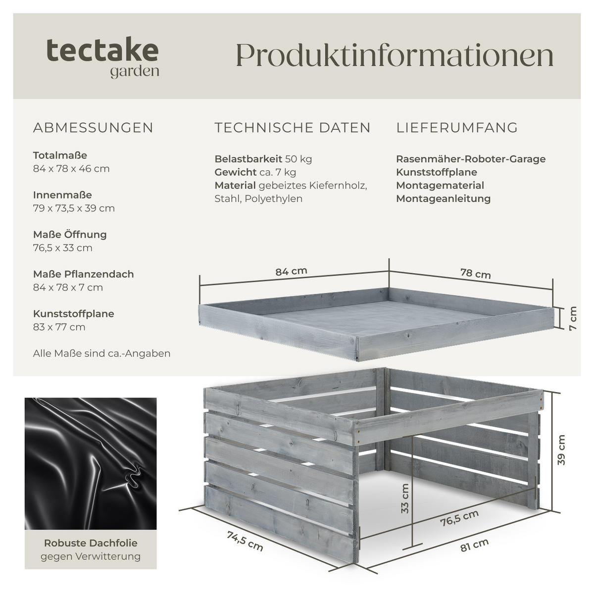 RASENMÄHER-ROBOTER-GARAGE Hortus, 84 x 78 x 46 cm, grau - Grau, Holz (84/46/78cm) - tectake