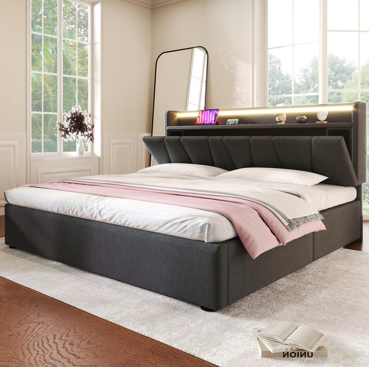 POLSTERBETT 140/200 cm Grau mit Stauraum, LED-Beleuchtung und USB - Grau, Textil (140/200cm) - Flora Grace