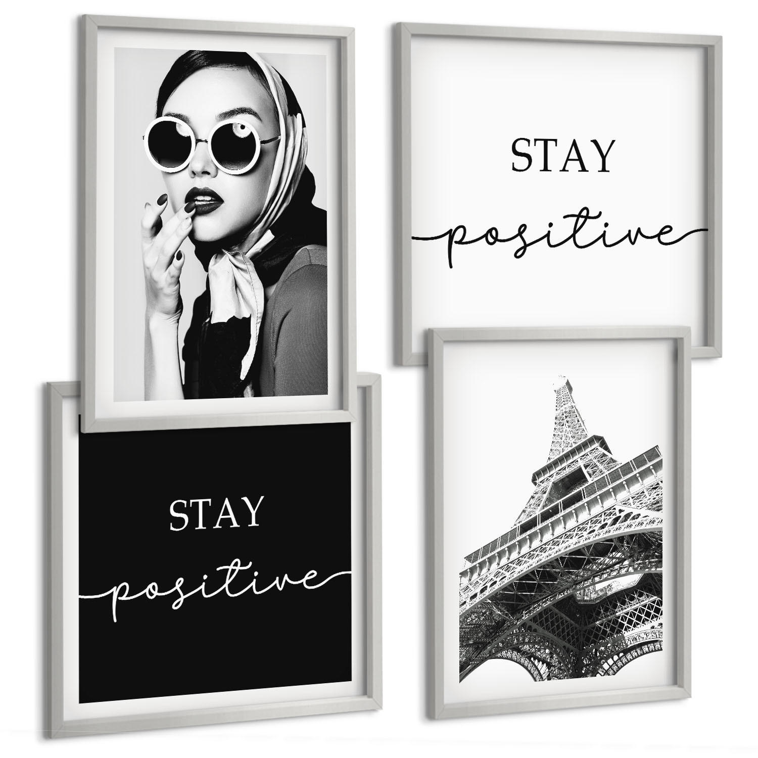 BILDER SET 4er Set - 50x50 cm & 40x60 cm Silberner Rahmen - Porträts, Eiffelturm-Slogans - Silberfarben, Kunststoff (50/50cm) - TULUP