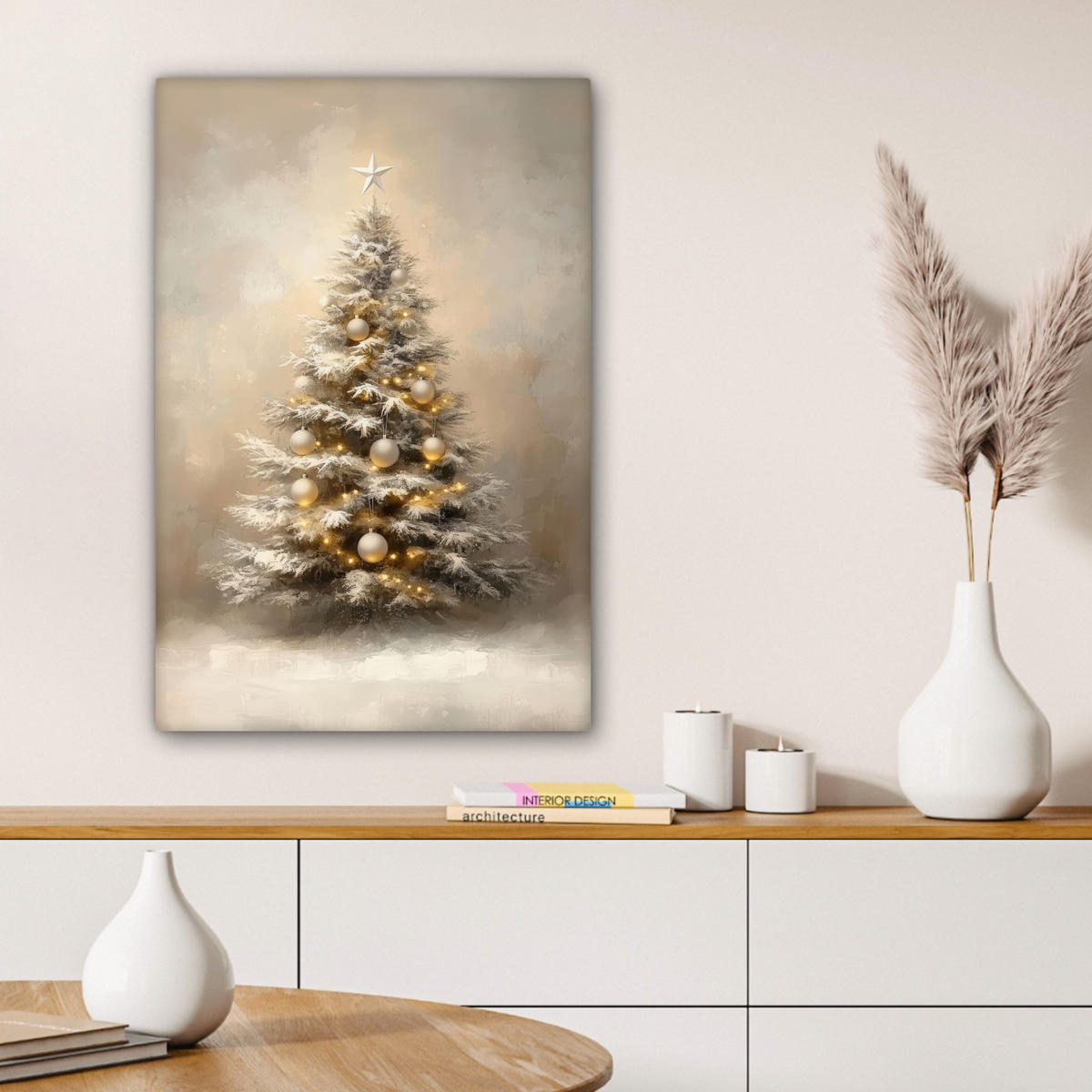 LEINWANDBILD Weihnachten - Weihnachtsbaum - Schnee - Kunst Wanddeko Schlafzimmer 60x90 cm - Champagner, Textil (60/90cm) - MuchoWow