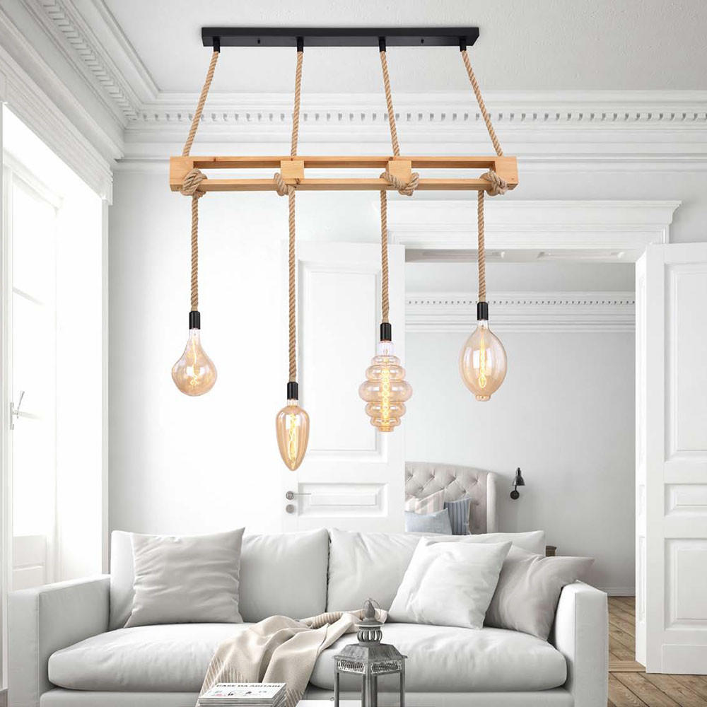 HÄNGELEUCHTE Balken Hanfseil Braun - Braun, Holz (120/10/120cm) - Globo Lighting