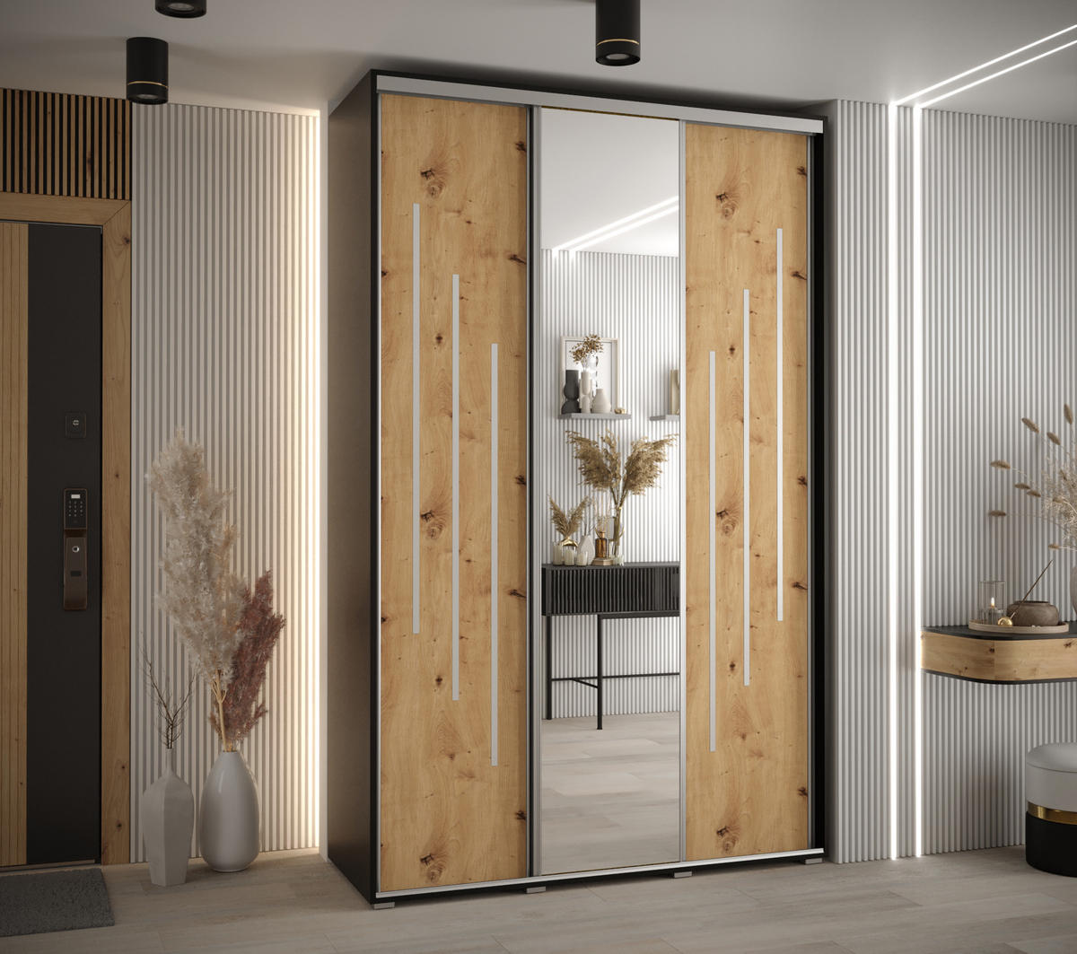 SCHWEBETÜRENSCHRANK 235,2/160/60 3-türig - Silberfarben/Schwarz, Holz/Metall (160/235/60cm) - Abiks Möbel