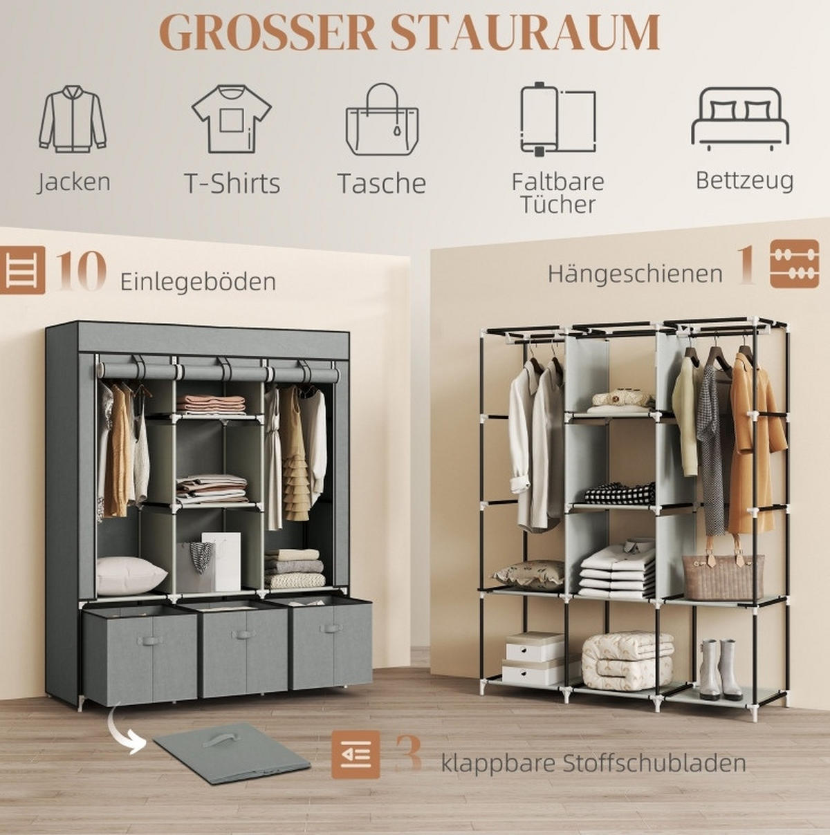 KLEIDERSCHRANK 125/43/162,5 cm hellgrau aus Stahl mit 3 Schubladen - Hellgrau, Metall (43/162.5/125cm) - OKWISH