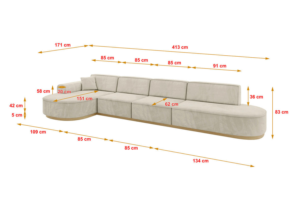 ECKSOFA Ottomane Links MARI-L3-v2 - 413x171x83 cm Ecru Velours - Ecru, Holzwerkstoff/Textil (413/171cm) - ALTDECOR