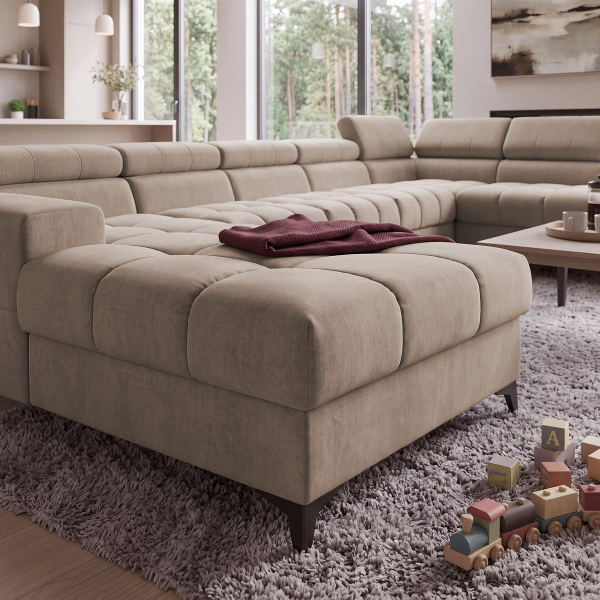 ECKSOFA PUDDING MAXI U Rechts mit Schlaffunktion 125x330 Velours Beige - Beige/Schwarz, Holz/Textil (421/203cm) - Muffo