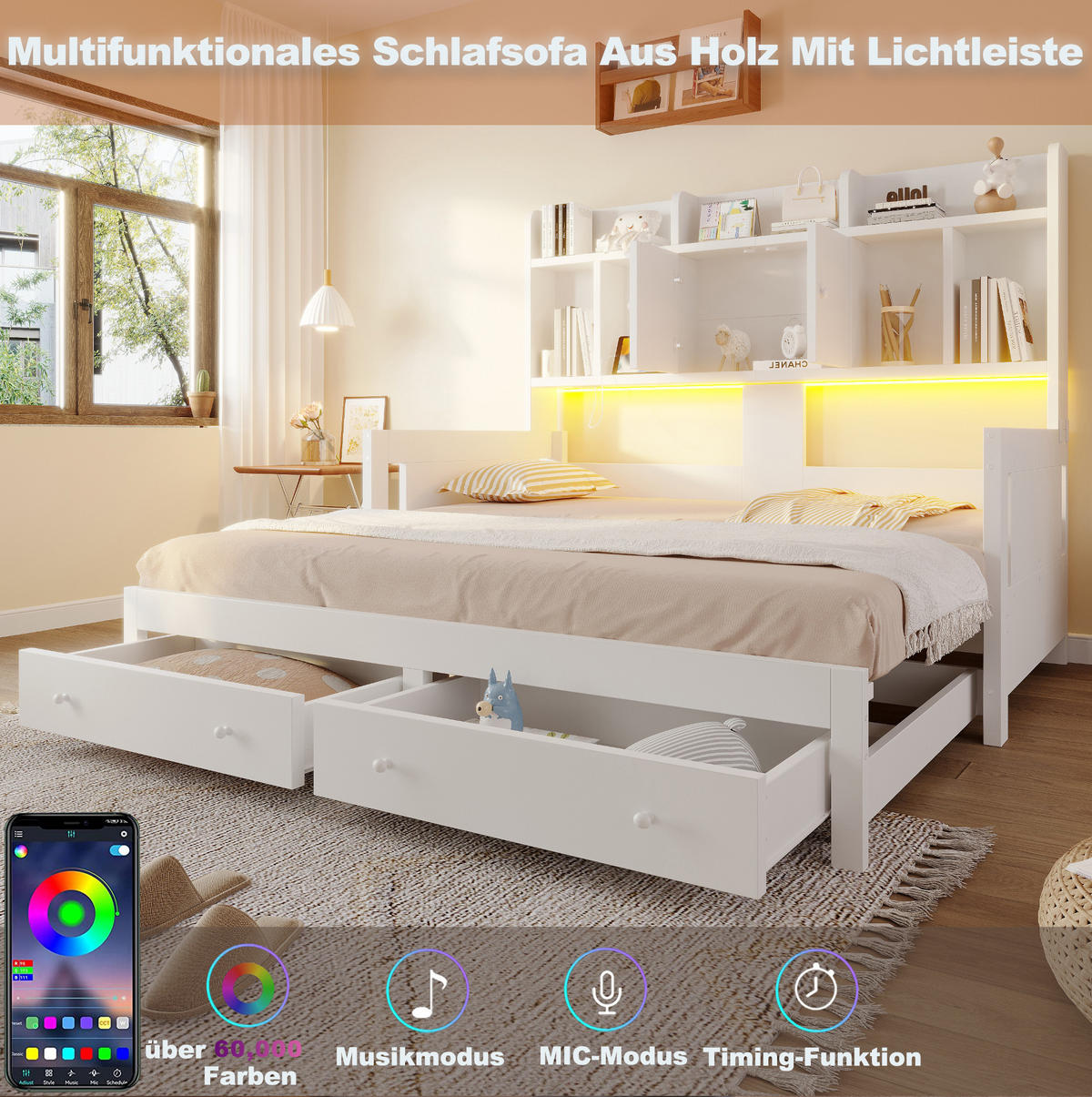 BETT 90/180×190 cm in Weiß mit Stauraum und LED-Beleuchtung - Weiß, Holz (180/190cm) - Flora Grace