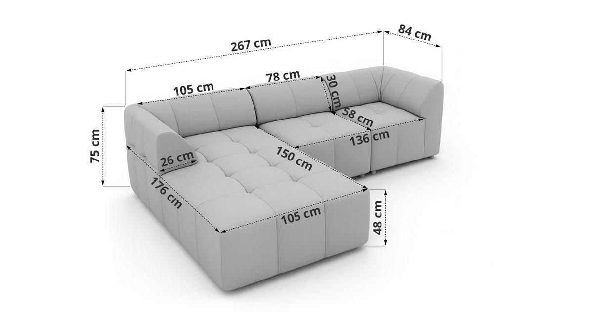 ECKSOFA VORITA L 3M - Beige Velvet - Links Seite - Beige/Schwarz, Kunststoff/Textil (267/176cm) - MKS