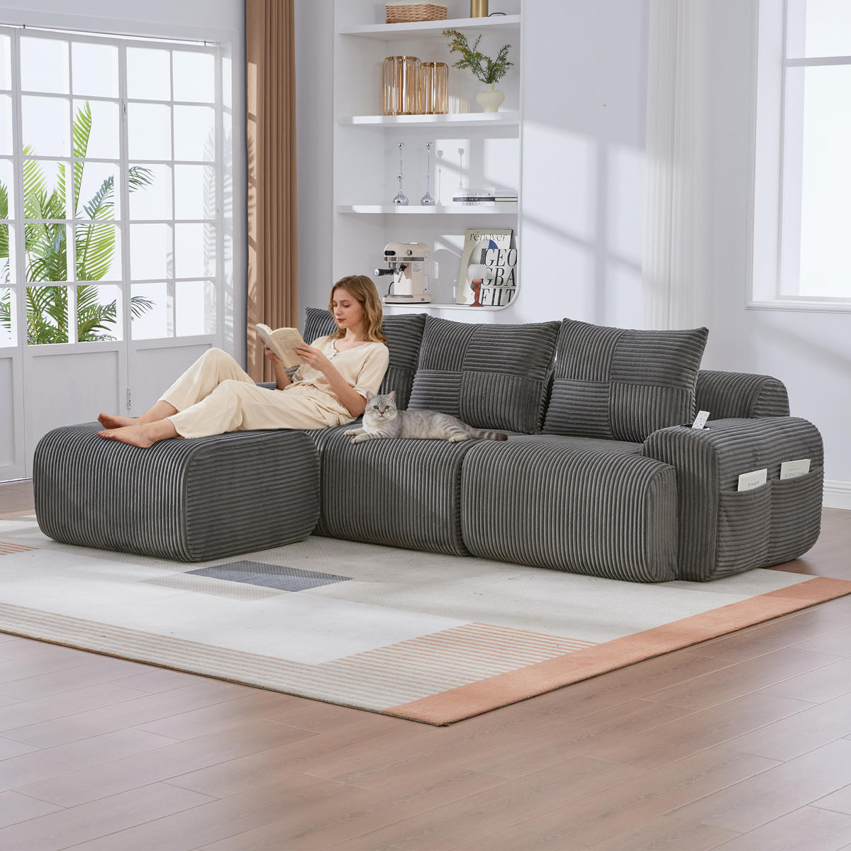 3-SITZER Sofa aus Cord 268x174x80 cm mit Cupholder & Seitentasche, dunkelgrau - Dunkelgrau, Textil (174/80/268cm)