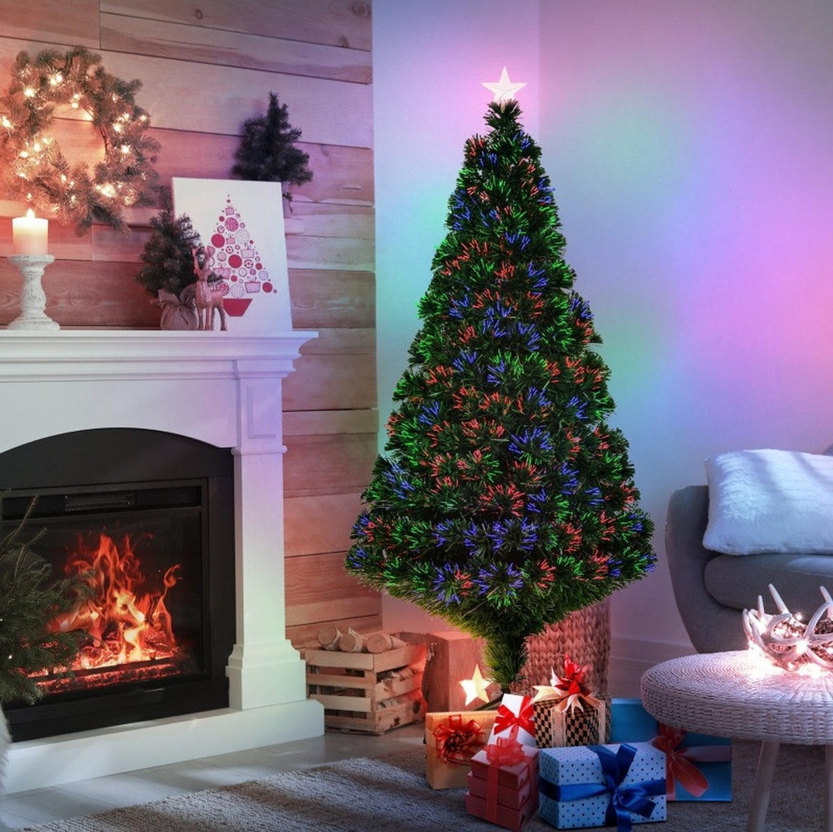 WEIHNACHTSBÄUME 75/75/150 cm grün aus Metall mit Glasfaser-Lichtschmuck - Grün, Metall (150cm) - OKWISH