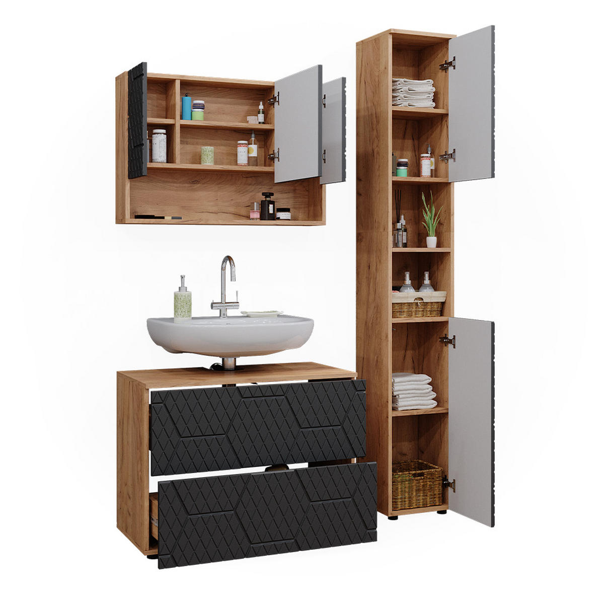 BADMÖBEL-SET Irma Anthrazit gestreift 3 Teile mit Spiegelschrank 80 cm - Honigeiche/Anthrazit, Holzwerkstoff (80/58.6/41cm) - Vicco