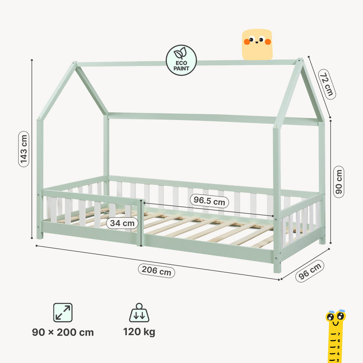 HAUSBETT Hesel - Weiß/Mintgrün, Holz (90/200cm) - [en.casa]