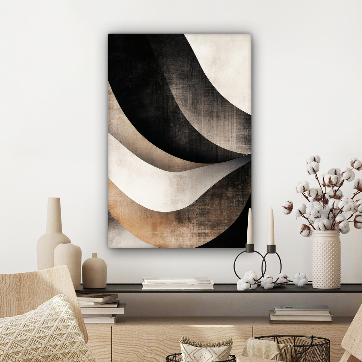 LEINWANDBILD Abstrakt - Wellen - Schwarz - Verwittert Wanddeko Schlafzimmer 60x90 cm - Trüffeleichefarben, Textil (60/90cm) - MuchoWow