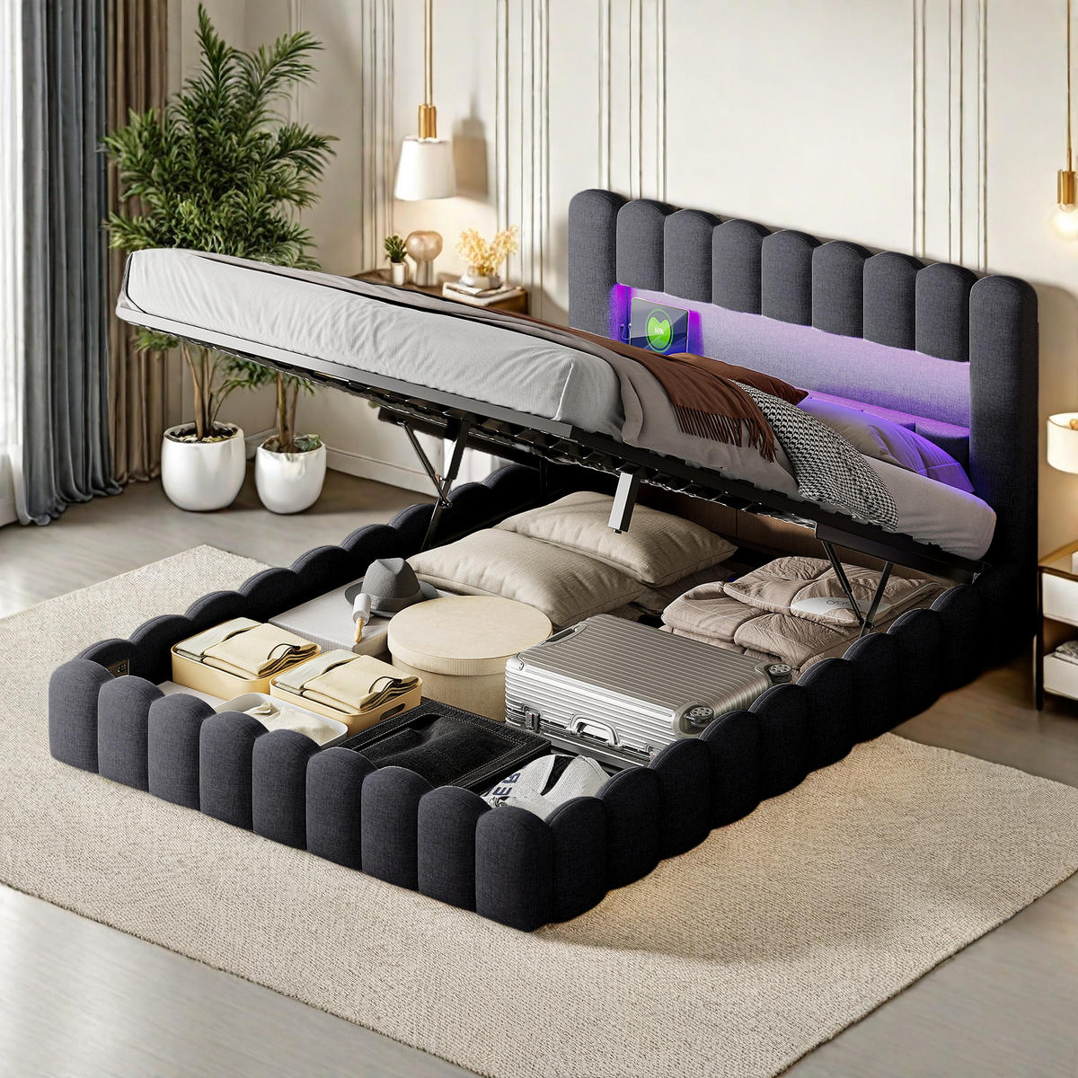 POLSTERBETT 140x200 Grau Leinen LED - Grau, Metall (140/200cm) - SHOPENTRA
