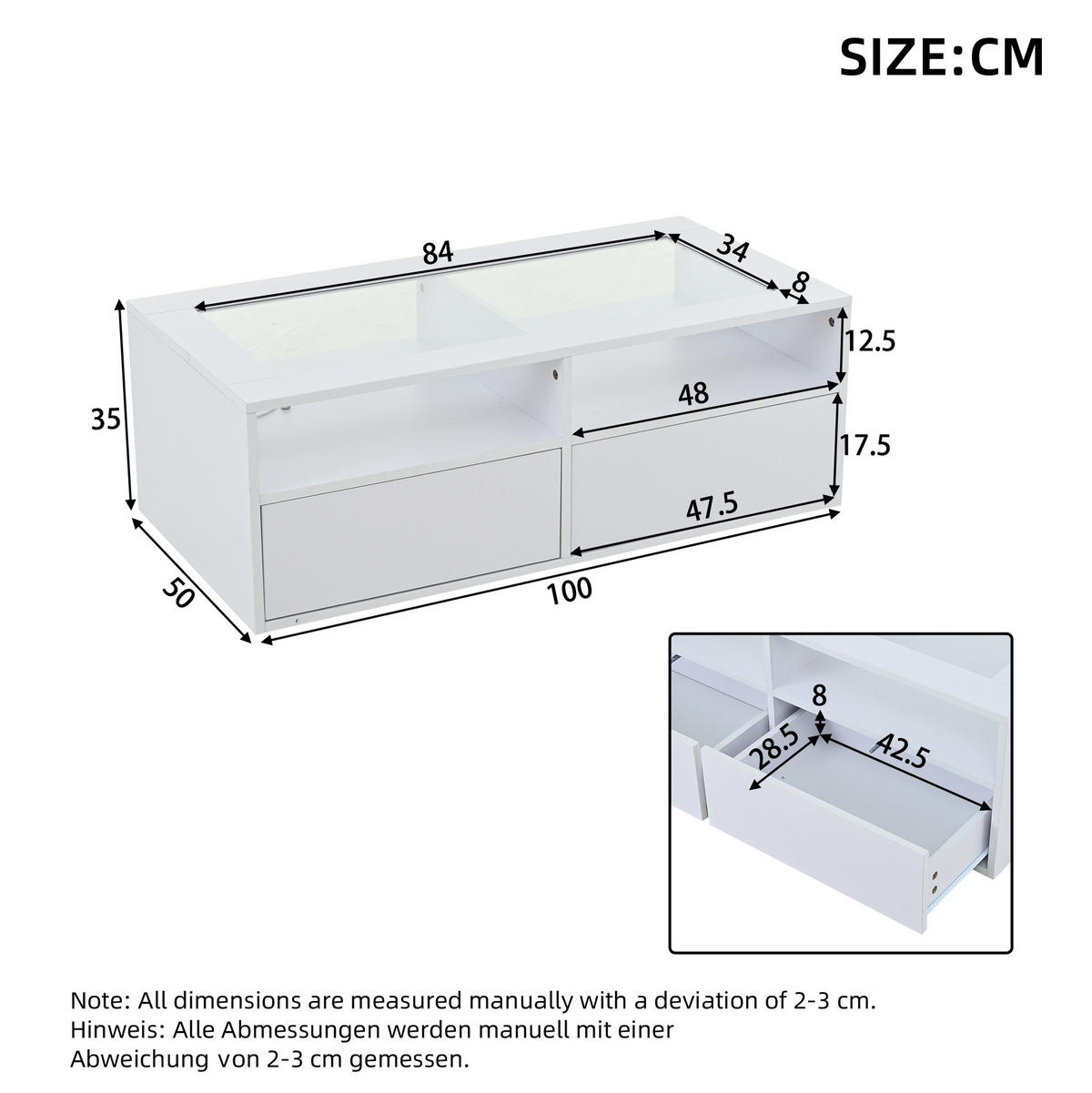 COUCHTISCH 100/50/35 cm mit LED-Beleuchtung, 2 Schubladen und Glasplatte, Weiß - Weiß, Glas (100/50/35cm) - Redom