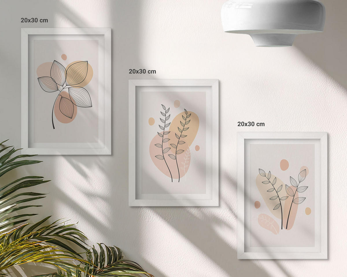 BILDER SET 3er Set - 20x30 cm Weißer Rahmen - Pastellfarbene Pflanzenzeichnungen - Weiß, Kunststoff (20/30cm) - TULUP