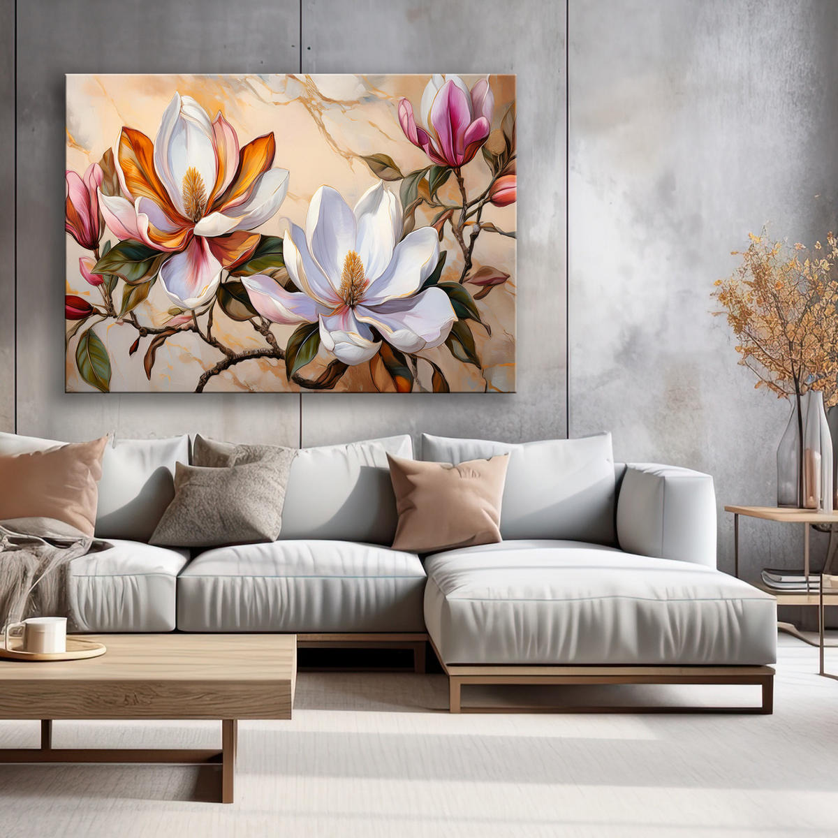 WANDBILD magnolien zweig blumen pflanzen marmor - Multicolor, Textil (60/40cm) - Feeby