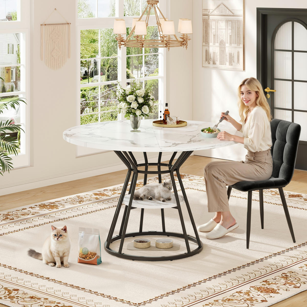 ESSTISCH 100x100x76 cm in Schwarz aus MDF mit Marmoroptik und Metallgestell mit Ablage - Schwarz, Holzwerkstoff (100/100/76cm) - Modfu