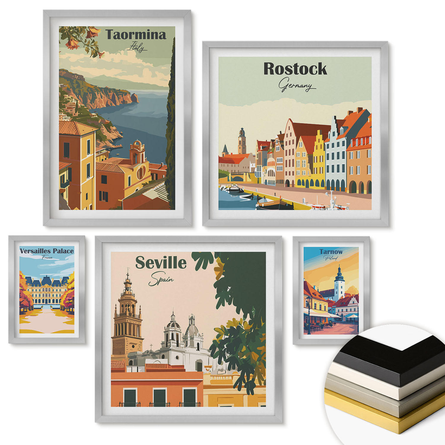 WANDBILDER 5er Set - 50x50 cm & 20x30 cm & 40x60 cm Silberner Rahmen - Retro-Stadtgrafiken - Silberfarben, Kunststoff (40/60cm) - ArtPrintCave