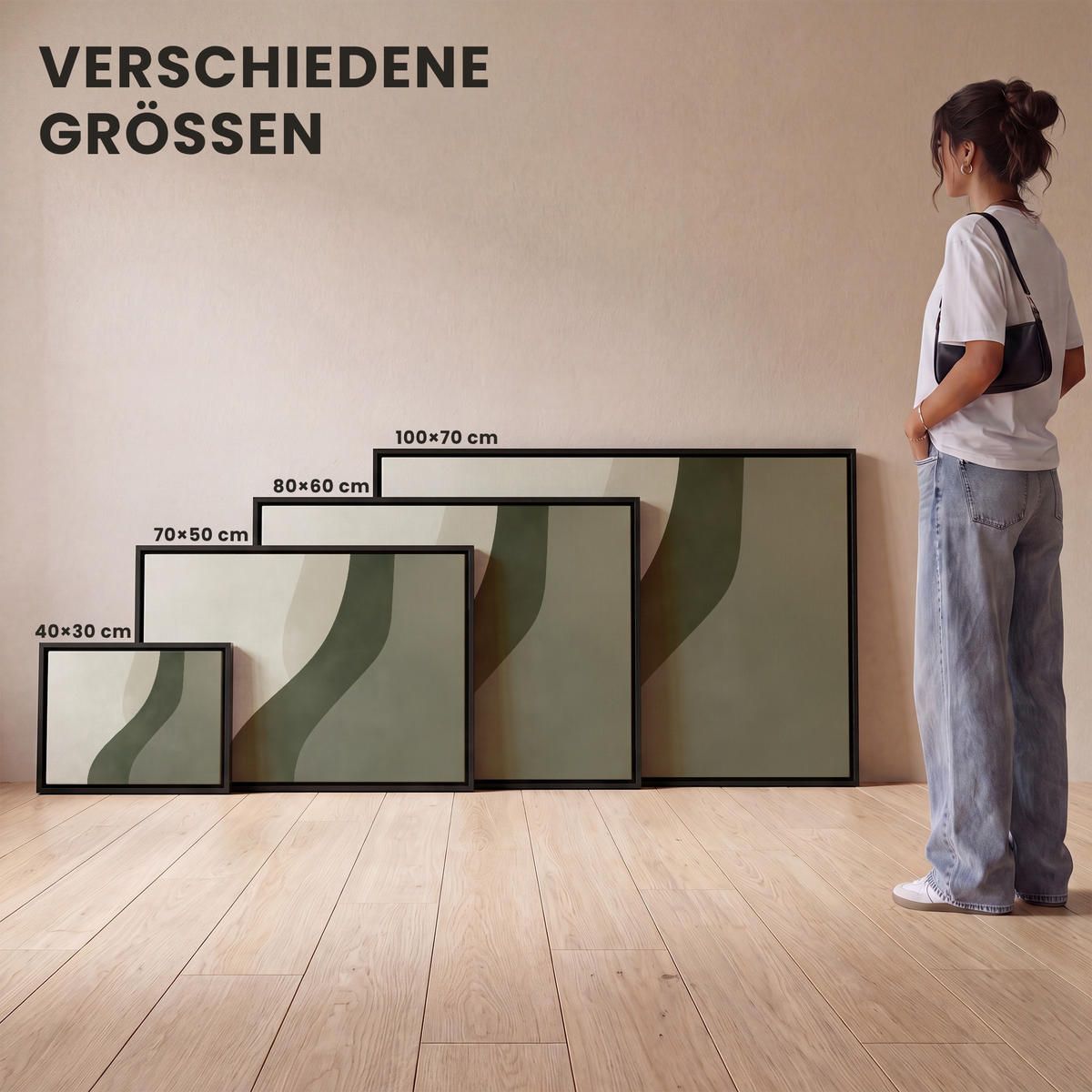 LEINWAND Bilder mit Rahmen - Japandi - Grün - Abstrakt - Modern - 40x30 - Salbeigrün, Textil (40/30cm) - MuchoWow