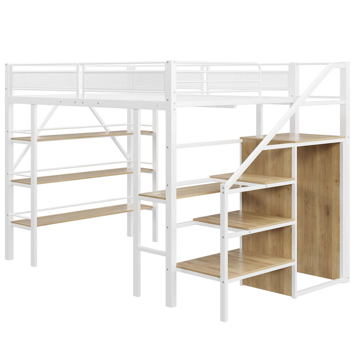 HOCHBETT aus Metall 140x200 cm Weiß mit Schreibtisch, Kleiderschrank, Regaltreppe und hohem Sicherheitsgeländer - Weiß, Metall (90/200cm) - Modfu