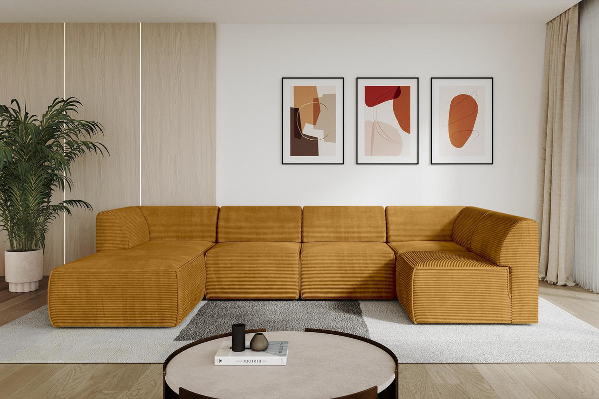 WOHNLANDSCHAFT Ottomane Links MOVA 345x180x78 Senfgelb Cord - Currygelb/Dunkelgelb, Holzwerkstoff/Kunststoff (180/78/345cm) - ALTDECOR
