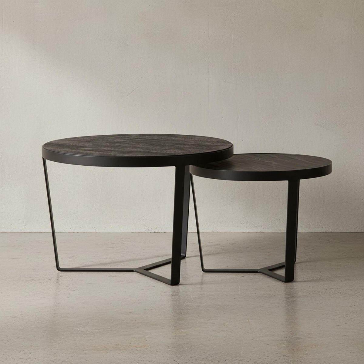 COUCHTISCH Set – 2-teilig Rund Akazie Massivholz Steinoptik Metall Schwarz Anthrazit - Schwarz, Holz/Metall (60/60/40cm) - KADIMA DESIGN