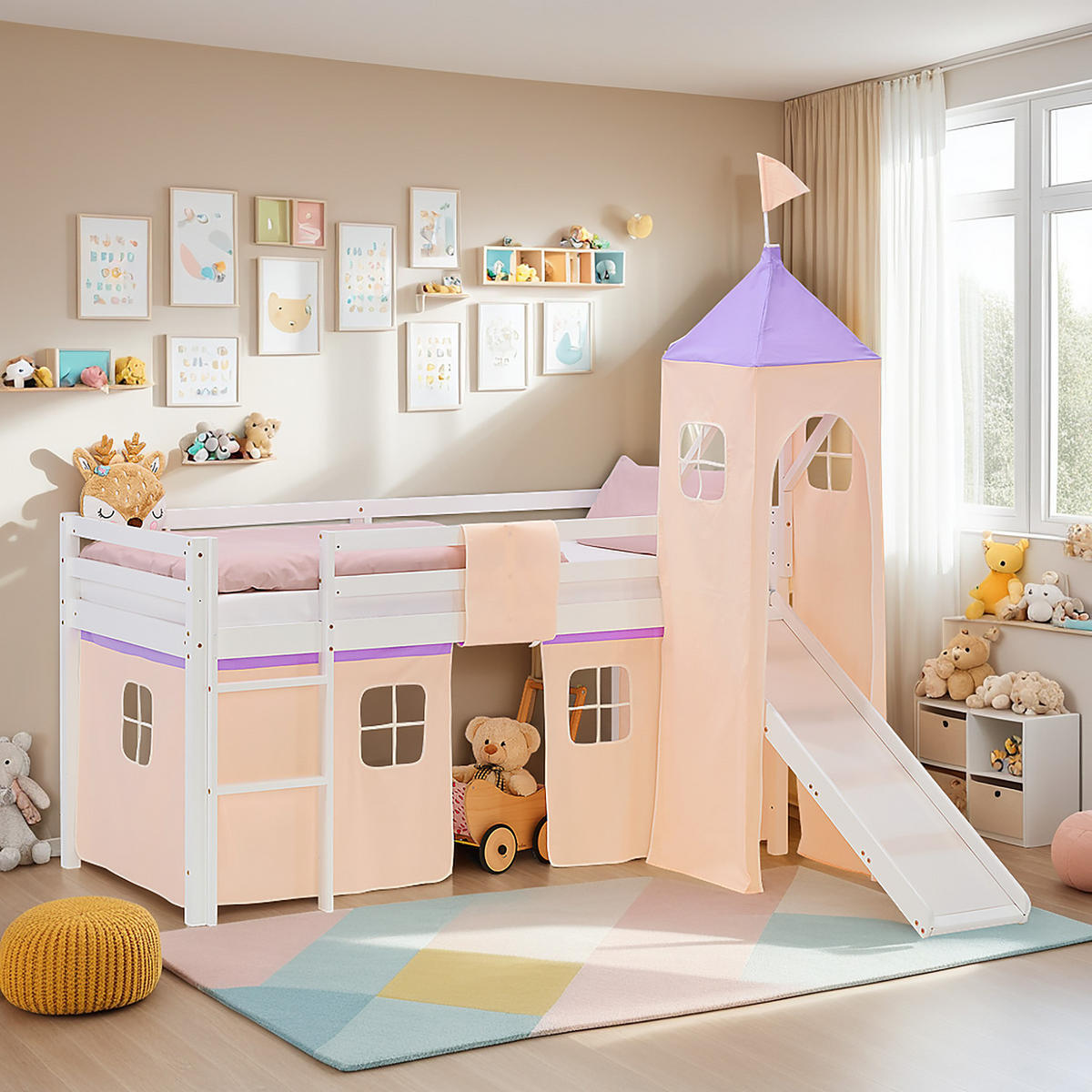 HOCHBETT 90/200 cm in weiß Rutsche Turm Bettvorhang peach Lattenrost - Lila/Weiß, Holz/Textil (90/200cm) - Homestyle4u