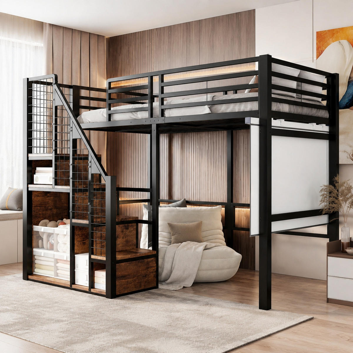 HOCHBETT 90/200 mit Sicherheitsleiter, Ablagefläche und Aufbewahrung in Schwarz - Schwarz, Holzwerkstoff/Metall (90/200cm) - EVRYAE