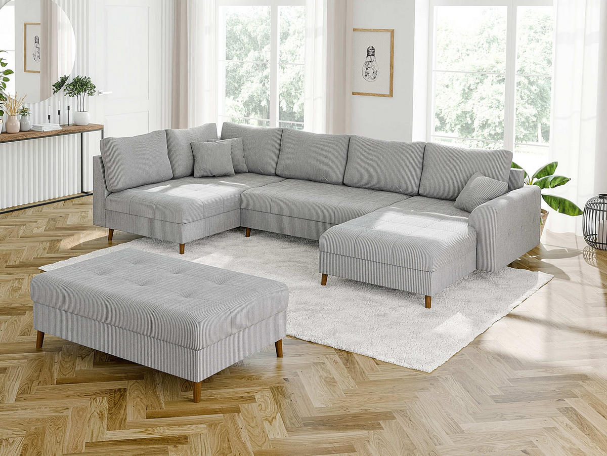 WOHNLANDSCHAFT inkl. Hocker Alma Hellgrau Cord - Hellgrau/Braun, Holz/Textil (310/81/161cm) - S-Style Möbel