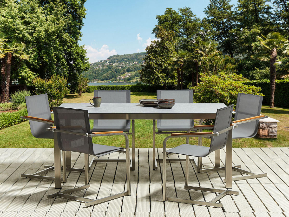 GARTENMÖBEL SET 6-Sitzer Keramik-Glas Textil grau Cosoleto - Silberfarben/Grau, Glas - Beliani