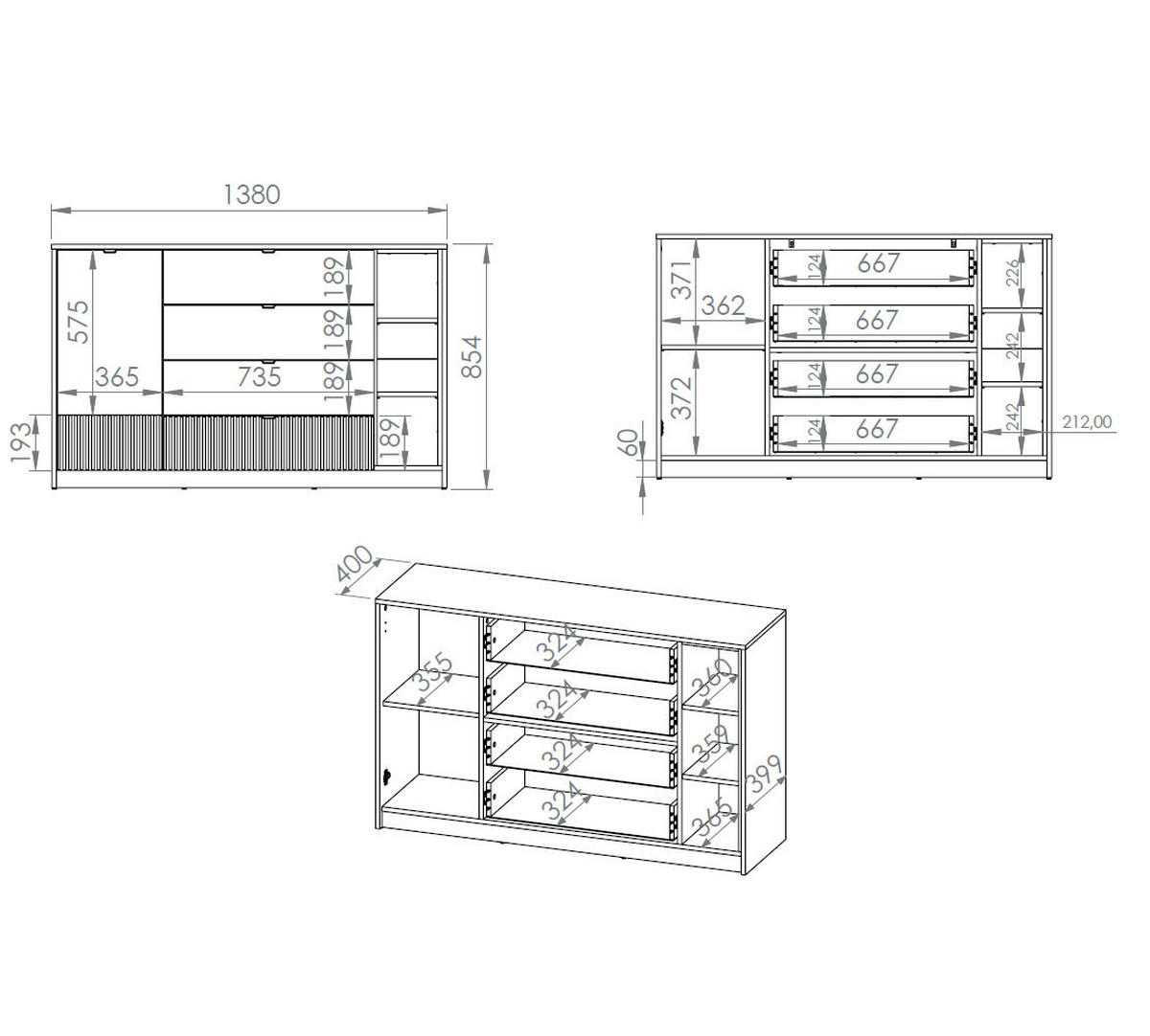 KOMMODE Torino Weiß / Eiche Castello / Graphit 138 / 40 / 86cm - Weiß, Holz/Holzwerkstoff (138/86/40cm) - Feldmann-Wohnen