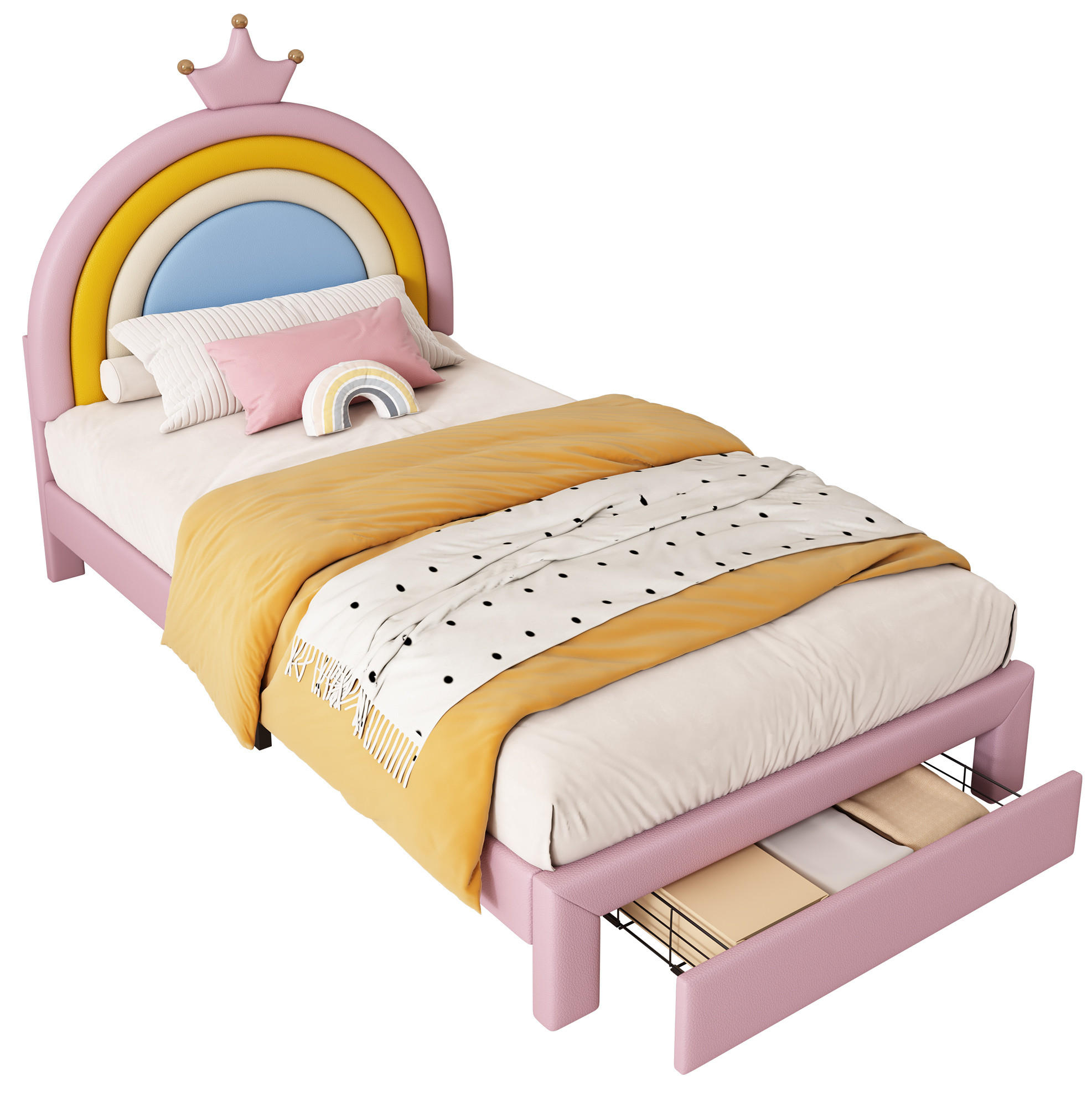 KINDER-POLSTERBETT aus PU 90x200 cm Rosa mit höhenverstellbarem Regenbogen-Kopfteil und Schublade - Pink, Kunststoff (90/200cm) - IVMEU