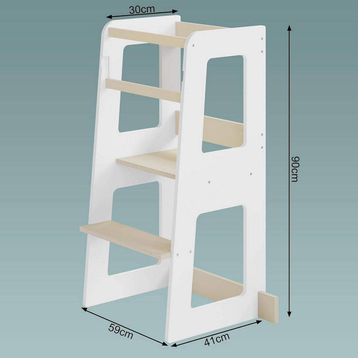 LERNTURM für Kinder ab 1 Jahr, Massivholz MDF, Weiß - Weiß/Naturfarben, Holz/Holzwerkstoff (59/90/41cm) - Woltu