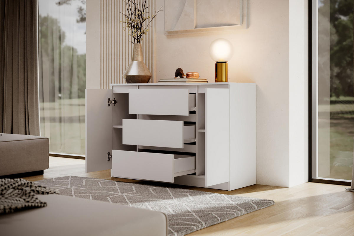 KOMMODE Lemon 120 cm mit zwei Türen und drei Schubladen Weißmatt - Weiß, Holzwerkstoff (120/78/39cm) - Beautysofa