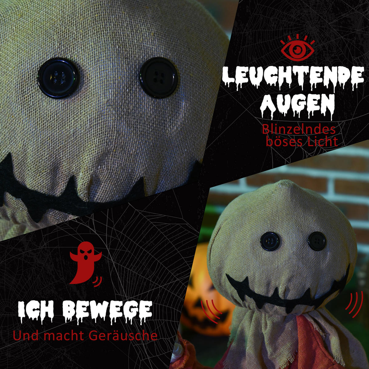 HALLOWEEN-DEKORATION Vogelscheuche 77 cm mit rot leuchtenden Augen, Soundfunktion - Orange, Textil (26/77/60cm) - HOMCOM