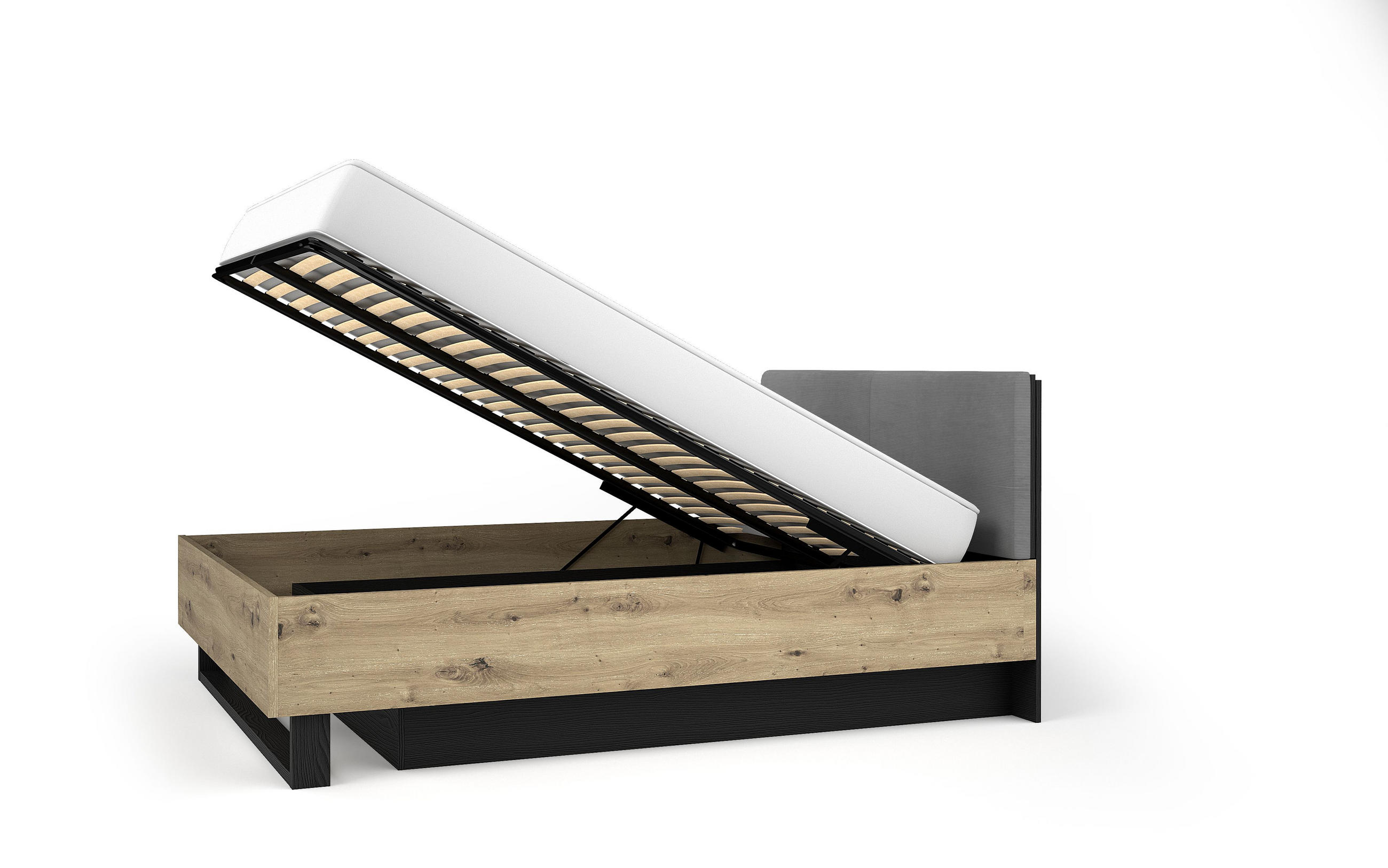BETT URSENA – 180×200 cm - mit Bettkasten und Gasdruck-Hebebeschlag Schwarz Graphit / Artisan Eiche - Schwarz/Eiche Artisan, Holzwerkstoff (180/200cm) - Milaros Markt