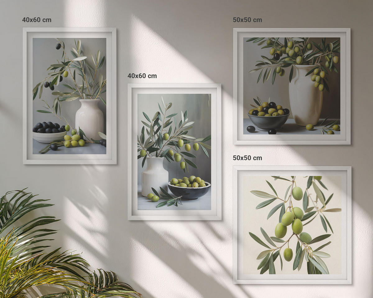 WANDBILDER 4er-Set - 50x50 cm & 40x60 cm Weißer Rahmen - Oliven in grauen Vasen - Weiß, Kunststoff (50/50cm) - ArtPrintCave