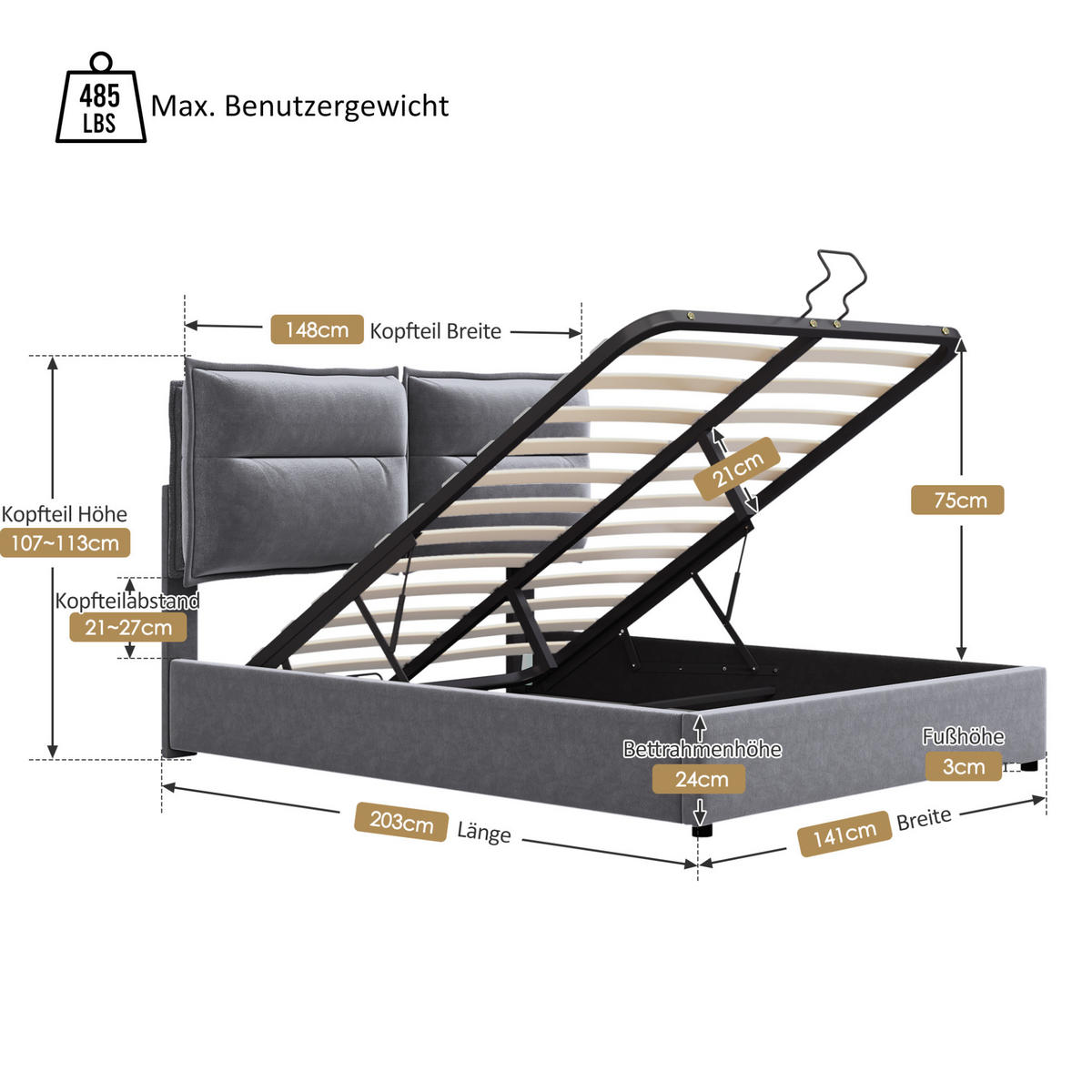 BETT mit Bettkasten und verstellbarem Kopfteil 140x200 cm Samt Grau - Grau, Metall (140/200cm) - Meubliv