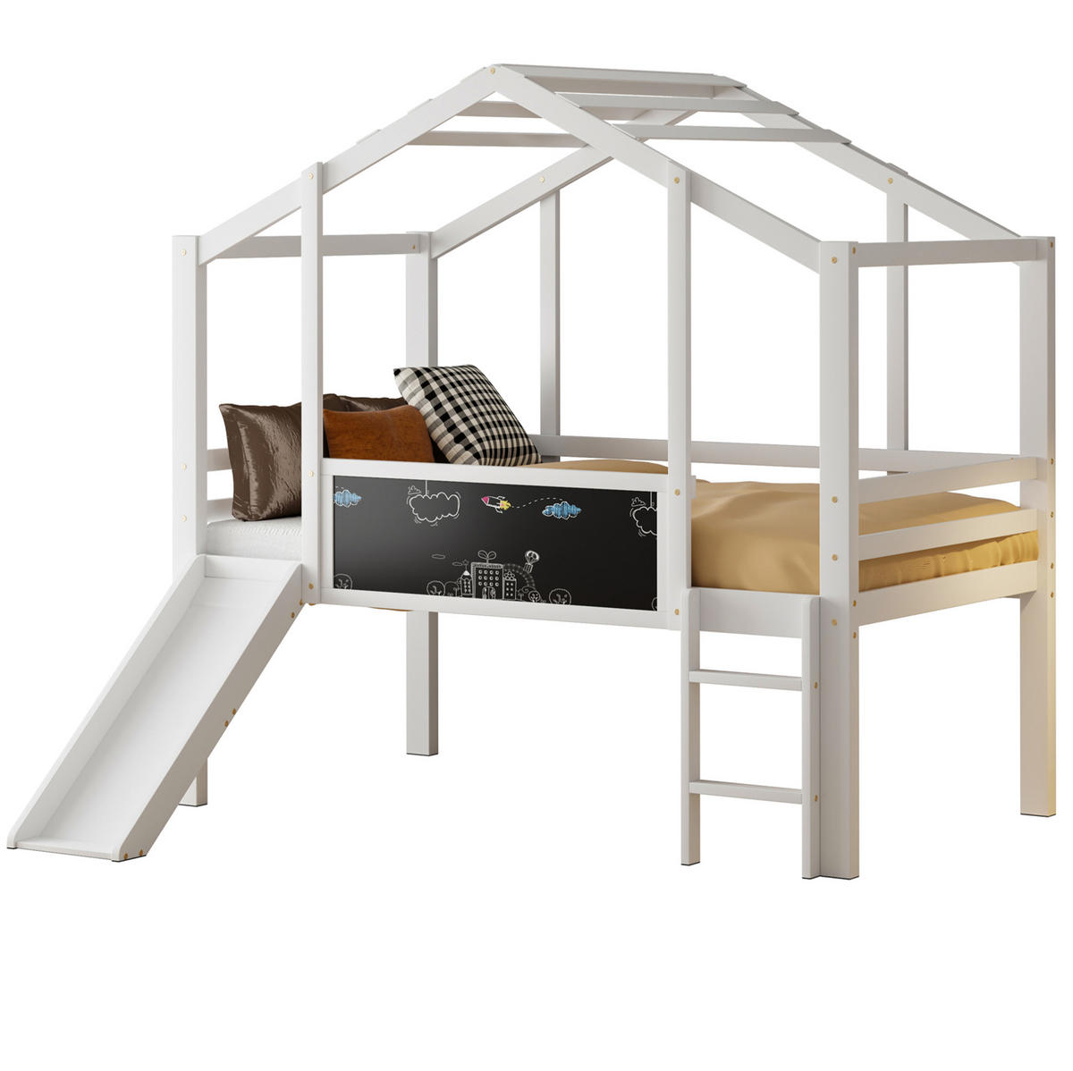 HOCHBETT 90/200 cm aus Massivholz mit Rutsche und Tafel in Weiß - Weiß, Holz (90/200cm) - Flora Grace