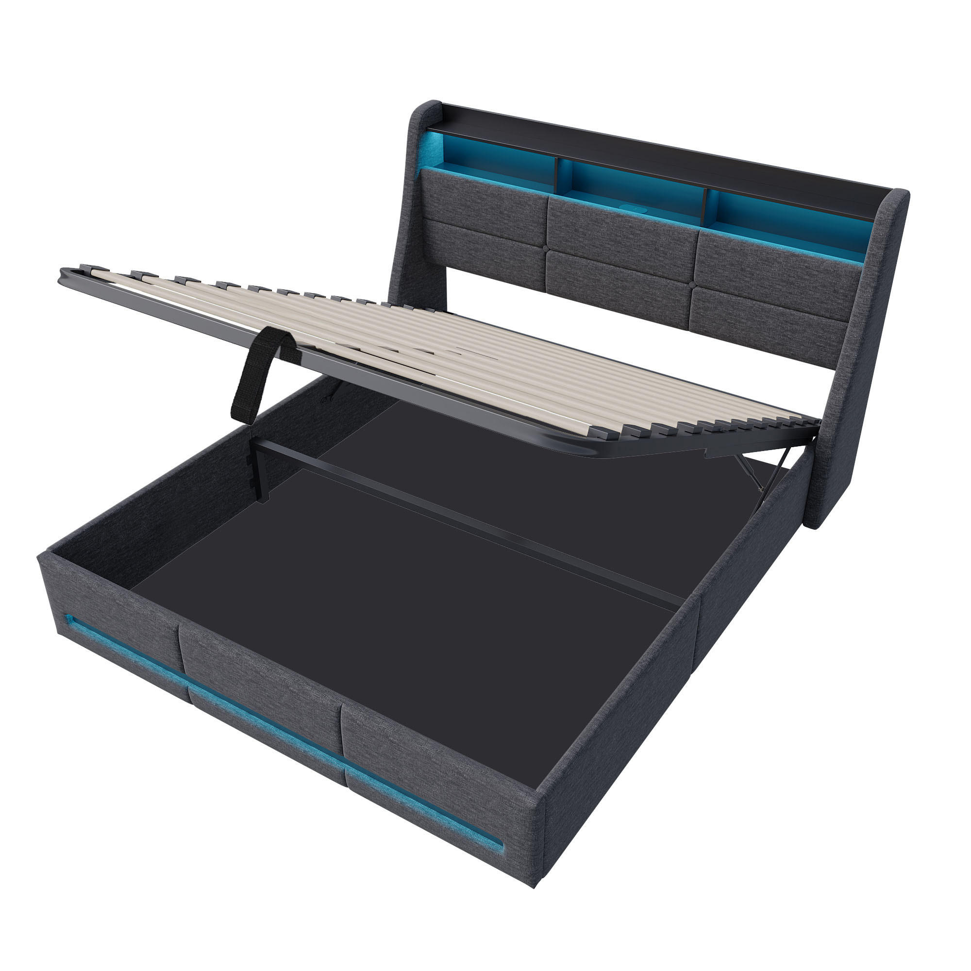 POLSTERBETT 140x190 cm mit LED, USB, 4 Schubladen, Leinen, Grau - Grau, Metall (140/190cm)