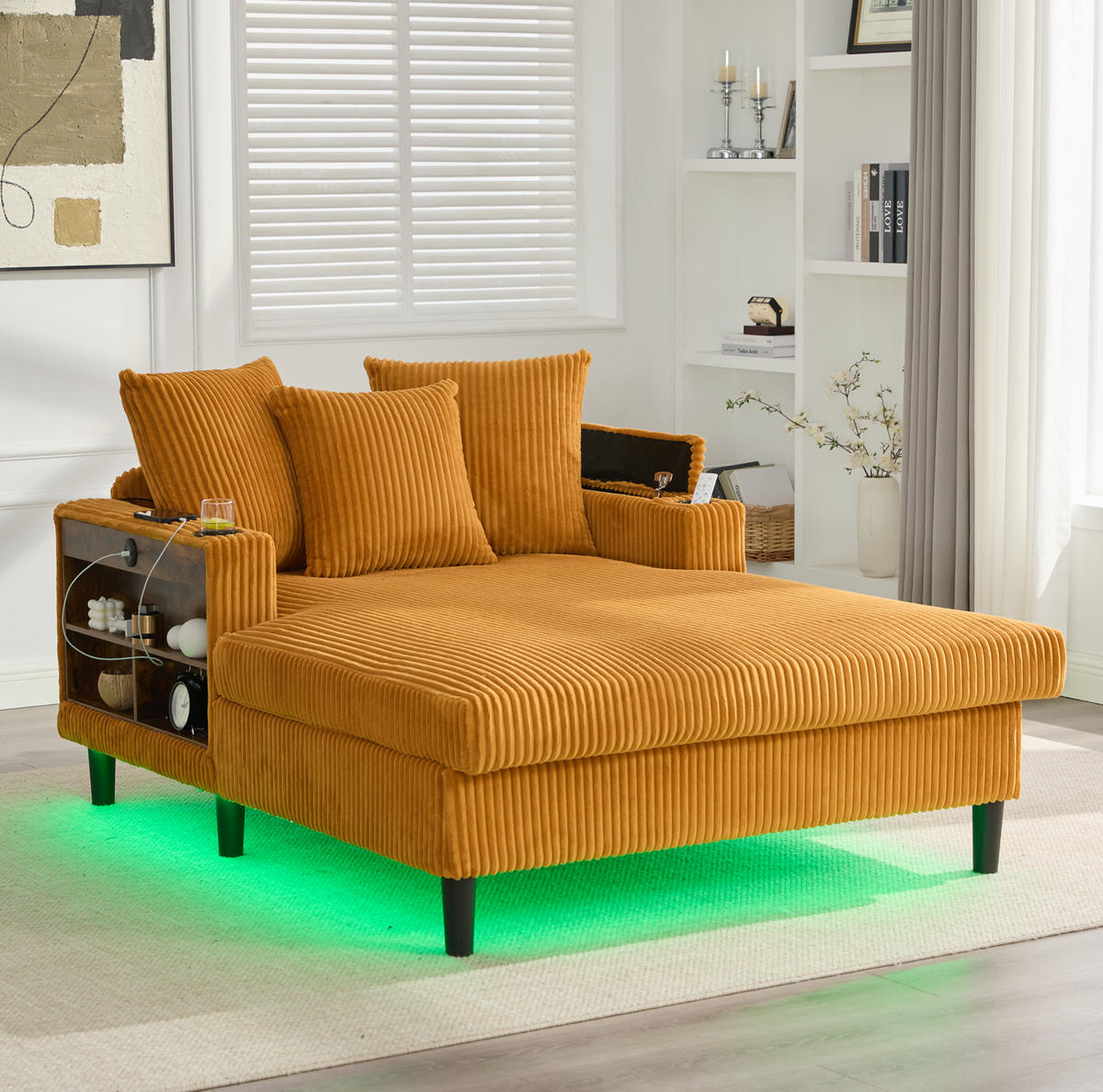 CHAISELONGUE mit USB und Stauraum 129 x 170 cm Cord Mustard Yellow - Gelb, Holz (170/70/129cm) - Meubliv