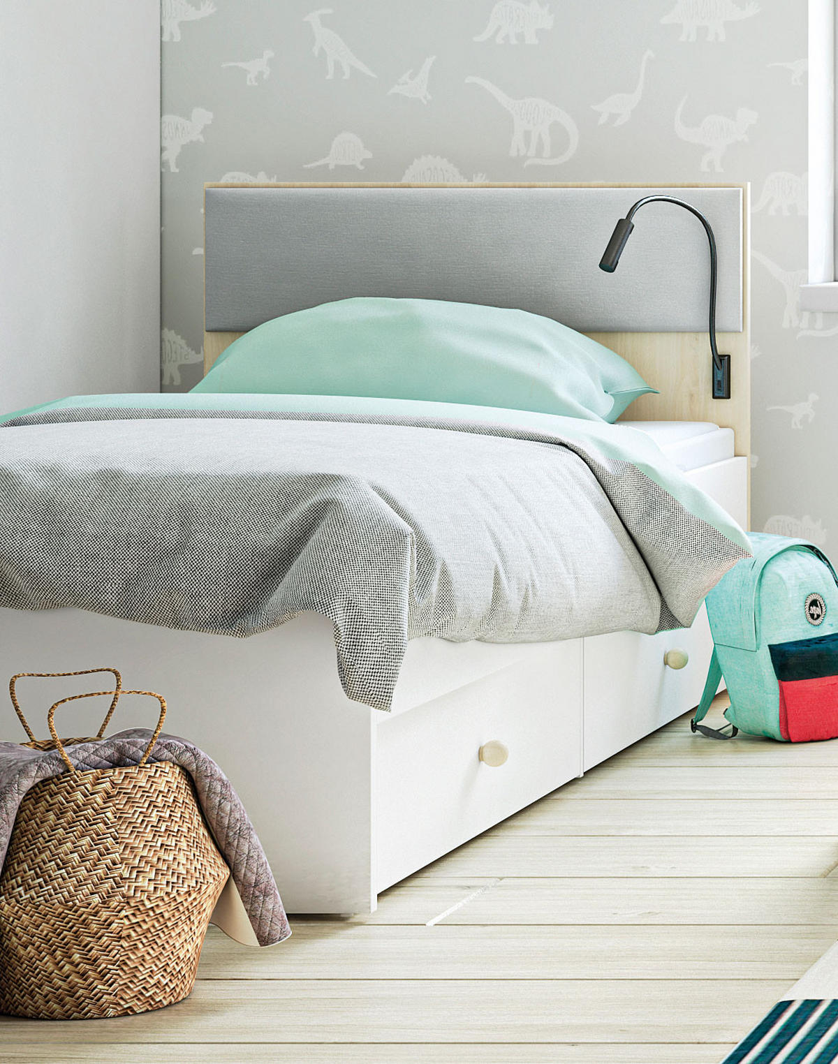 BETT Elmo weiß / Buche 95 / 205 / 88cm - Buchefarben/Weiß, Holz/Holzwerkstoff (90/200cm) - Feldmann-Wohnen