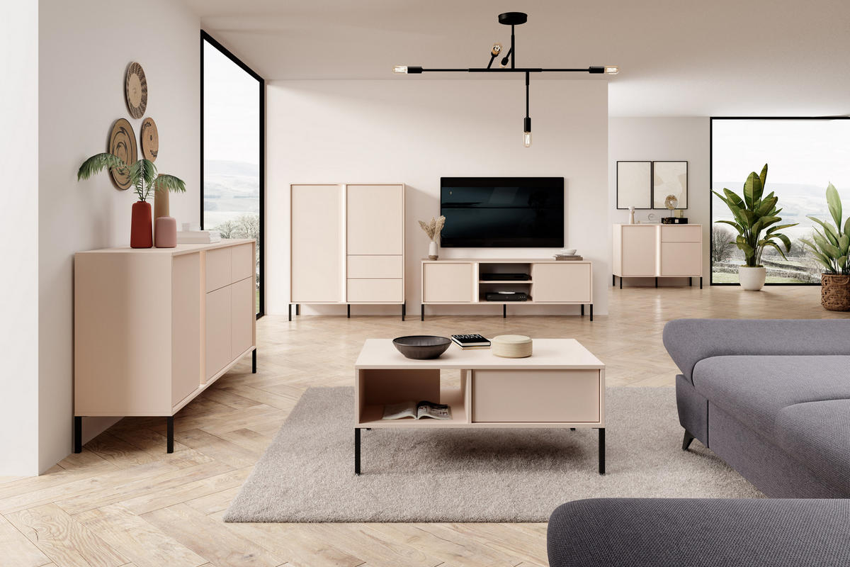 TV-SCHRANK Holen Beige, dreitürig mit schwarzen Beinen - Beige/Schwarz, Holzwerkstoff/Metall (203/53/40cm) - Bettso