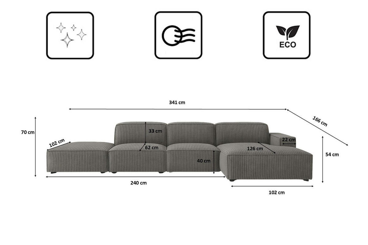 ECKSOFA Cursal L-Form, Stoff Poso, Grau + Hocker, Rechts - Grau, Holz (341/166cm) - Kaiser Möbel